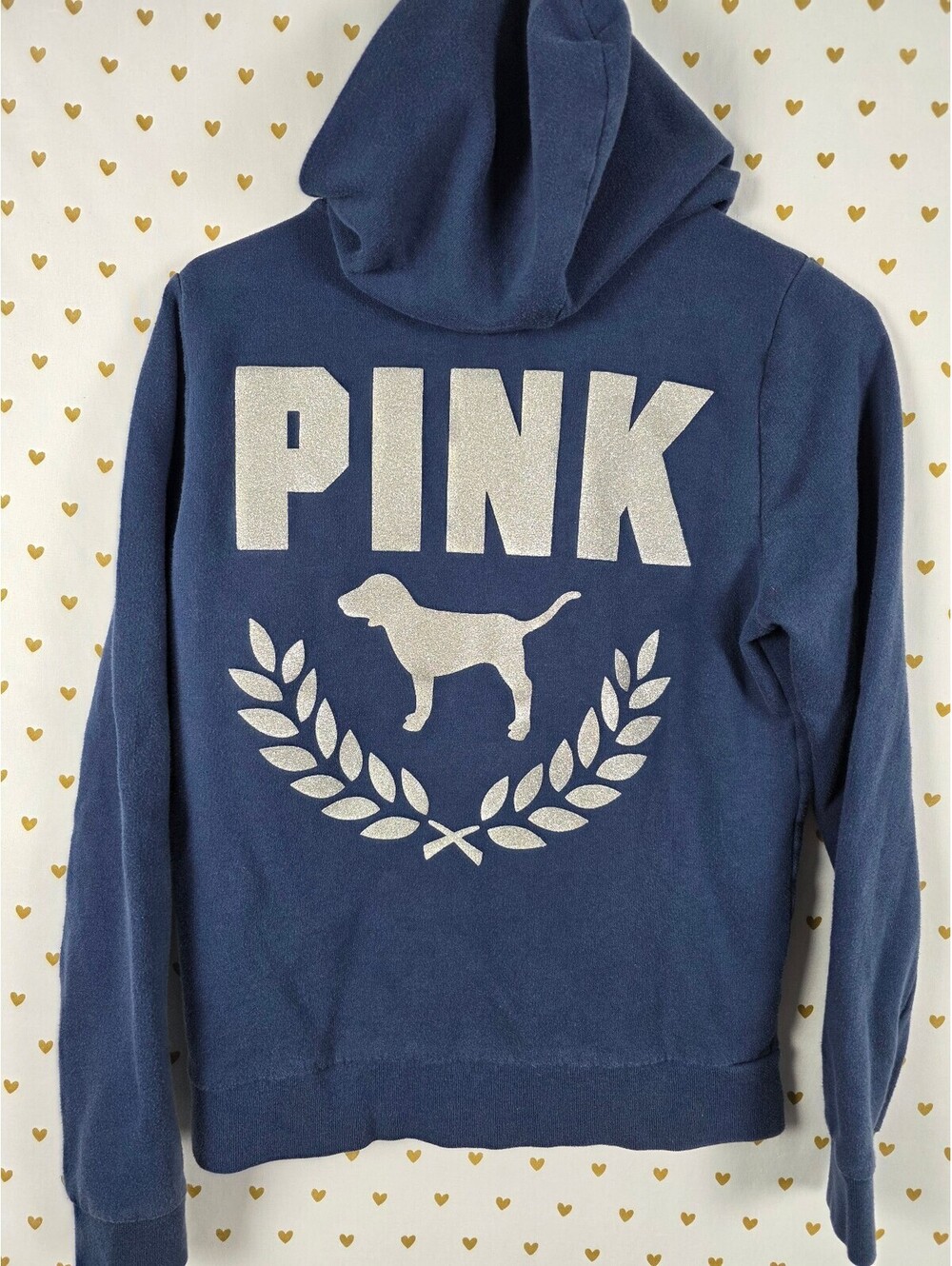 Victorias Secret Pink Blue GLITTER BLING Crest Logo Hoodie Jacket SMALL